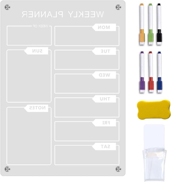 Wekelijkse en Maandelijkse Planner voor de Koelkast, Wasbare Acryl Whiteboard, Magnetisch Droogwisbord voor Efficiënte Planning