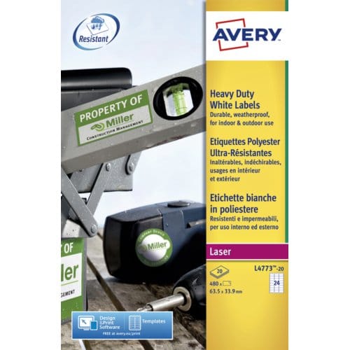 Etiket avery l4773-20 63.5x33.9mm polyester wit 480 etiketten