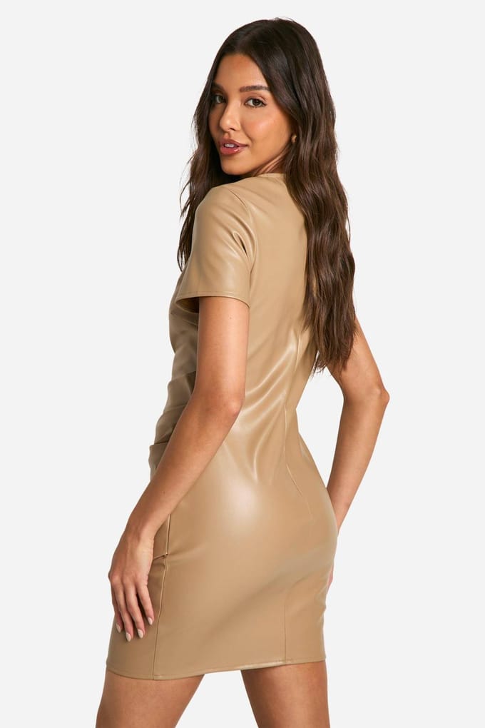 boohoo Dames Pu Wrap Gerimpelde T-shirt Mini Jurk | Steen | Maat: 38