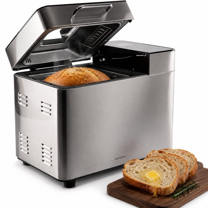 Vivid Green Broodbakmachine - Warmhoudfunctie & Timer - 18 programma's - 500/1000 gram - PFAS vrij - Glutenvrij programma - Broodmachine - 600W - RVS