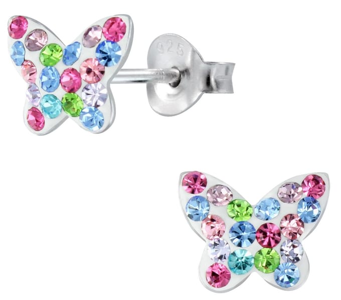 Joy|S - Zilveren vlinder oorbellen - 9 x 8 mm - kristal multicolor
