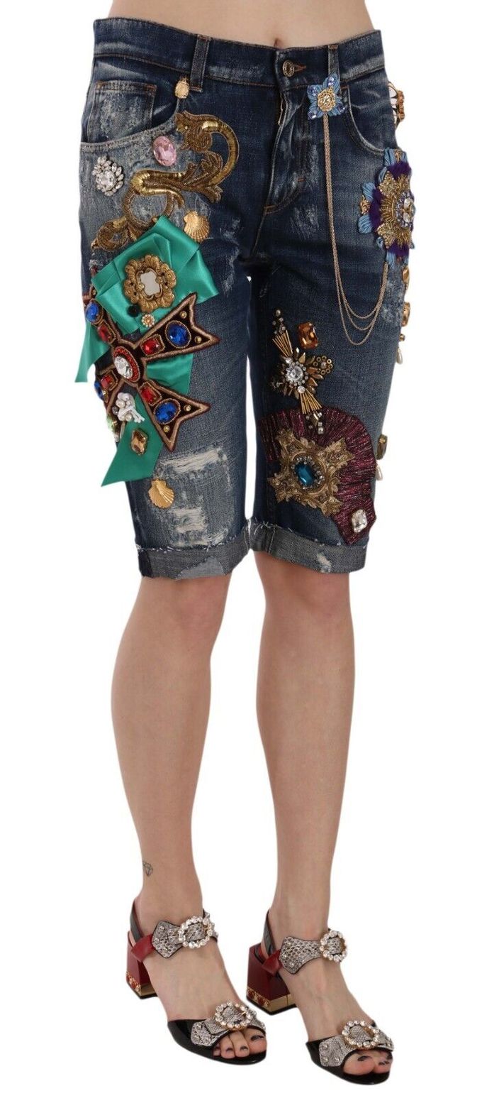 Dolce & Gabbana Dames Blauwe Denim Mid Waist Kristallen Capri Shorts