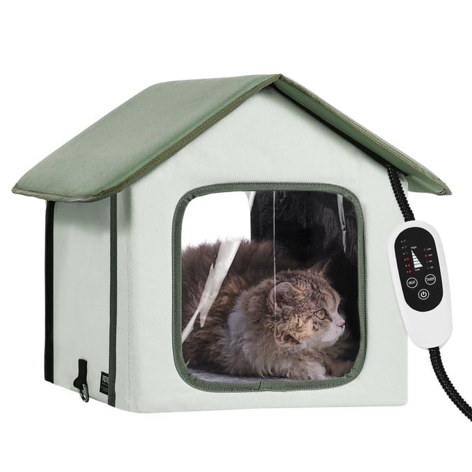 Maison pour chat chauffée surélevée Abri pour chat d'extérieur avec coussin chauffant Vert (S)