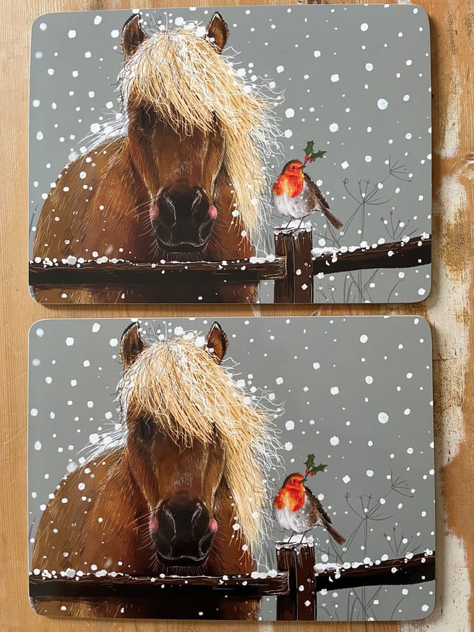 Alex Clark Placemats(MEDIUM FORMAAT) Horse and Robin ~ Paard en roodborstje Kerst/winter