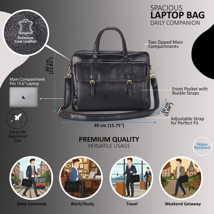 Echte leren laptoptas in zwart, met schoudertas van Satchel Messenger - Belmont