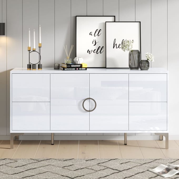 Dressoir - 150x38x59,5 cm - Met 4 Laden En 2 Deuren Hoogglans - Metalen Poten - MDF - Wit