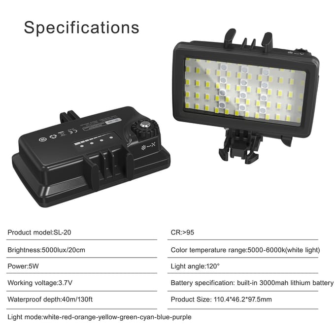 Andoer SL-20 Waterdichte RGB Invullicht LED Videolamp 8 Verlichtingsmodi CRI95+ Dimbaar IPX8 zwart