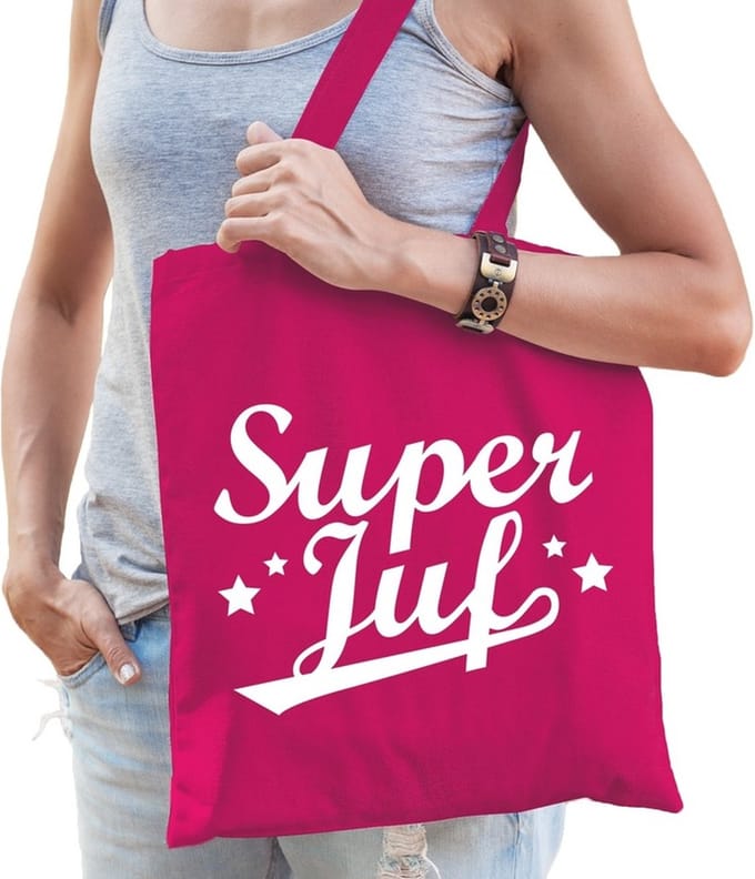 Super juf katoenen kado tas fuchsia roze - Jufdag / einde schooljaar cadeau