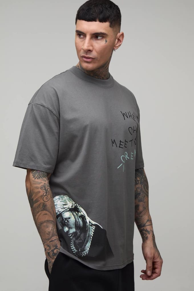 Lang Oversized Travis Scott Licentie Bedrukt T-shirt | Charcoal | Size Small