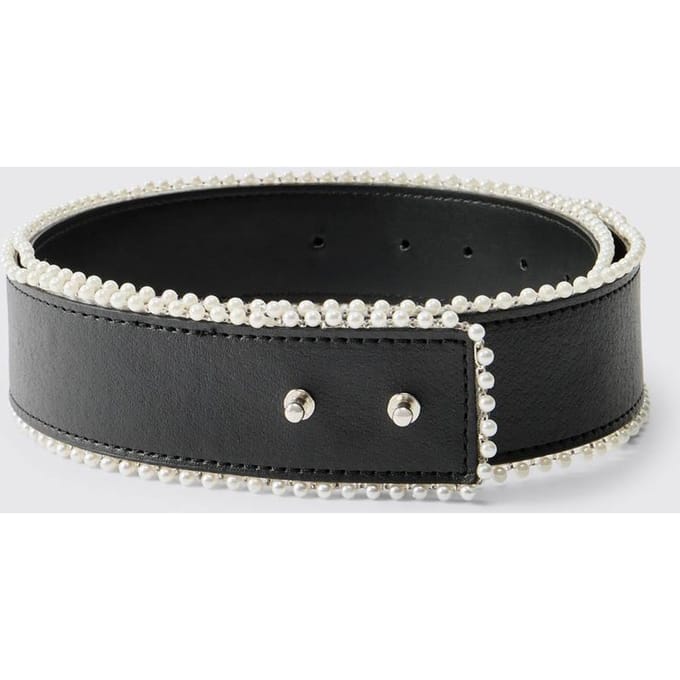 PU Belt With Mock Pearl Edging | Black | Size Large