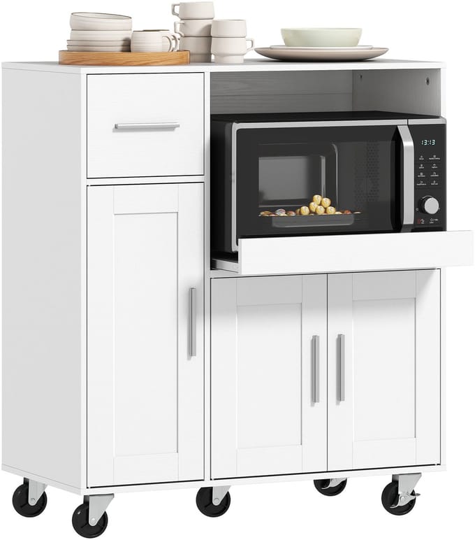Keukenkast Op Wielen Sideboard - Buffetkast - Met Uitschuifbaar Blad - 3 Deuren - 1 Lade - Verstelbare Planken - Wit