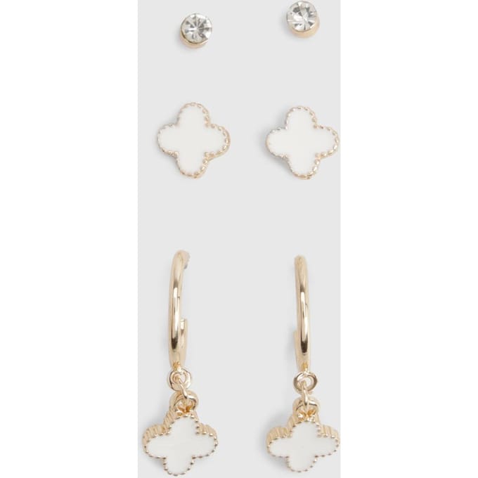 boohoo Dames Witte emaille klaver oorbellen 3-pack | Goud