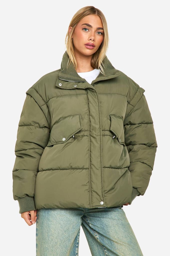 boohoo Dames Rib Collar Oversized Puffer Jacket | Khaki | Maat: 16