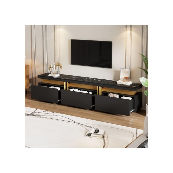 Meuble TV - MUVOE - Moderne - Aspect marbre - 200 x 40 x 42 cm - Support jusqu'à 90 pouces