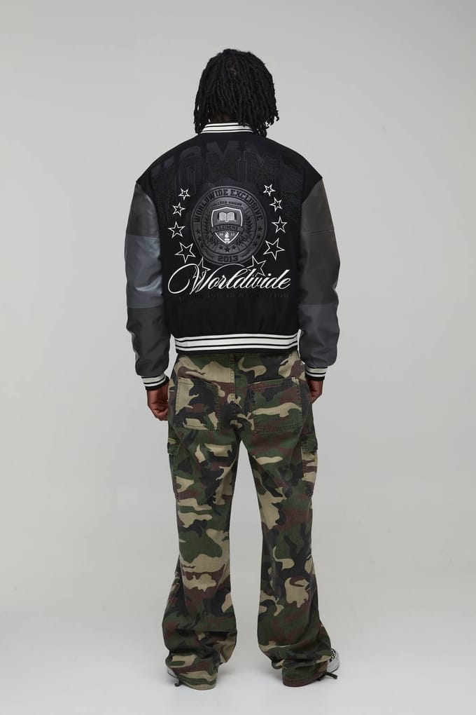 Tall Melton & PU Mixed Fabric Embellished Varsity Jacket | Black | Size Small