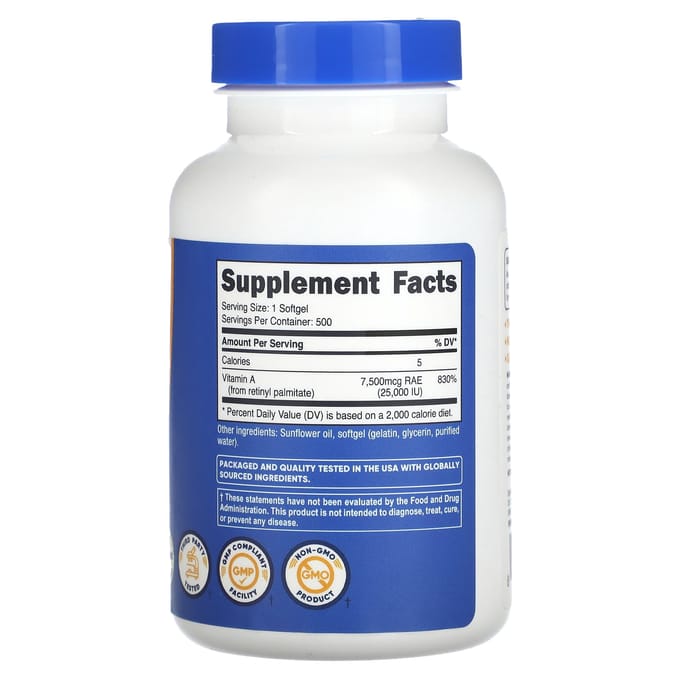 Nutricost, Vitamine A, 25 000 UI, 500 gélules molles