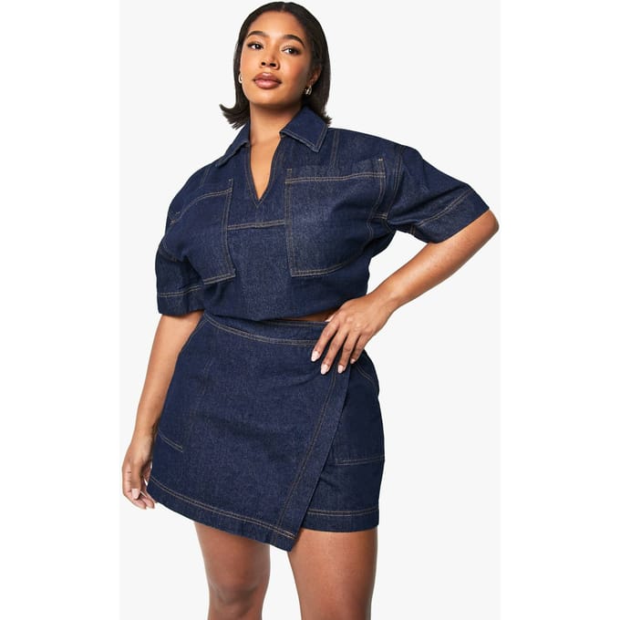 boohoo Dames Plus Denim Wrap Skort | Indigo | Maat: 46