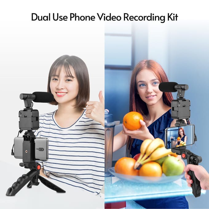 Andoer Phone Vlog Video Kit met tafelstatief Telefoonhouder met Cold Shoe Microfoon LED Video zwart