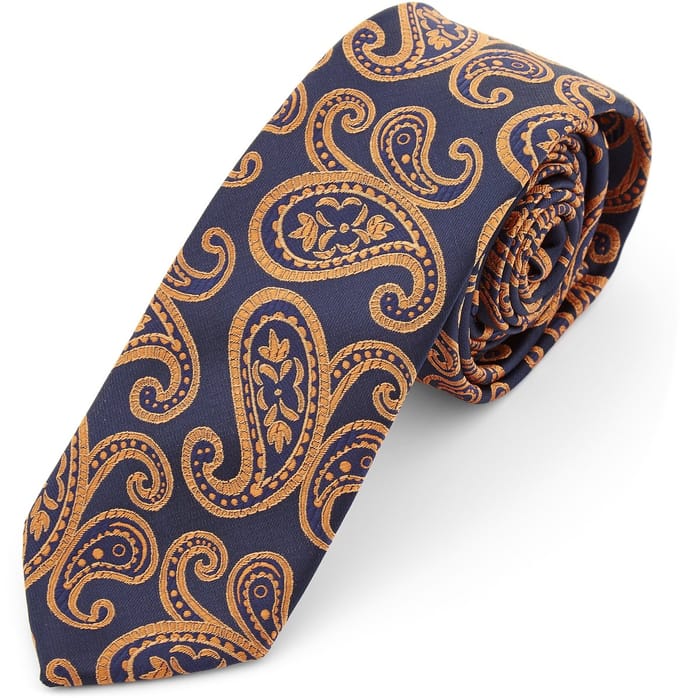 Marineblauwe & Oranje Paisley Katoenen Stropdas