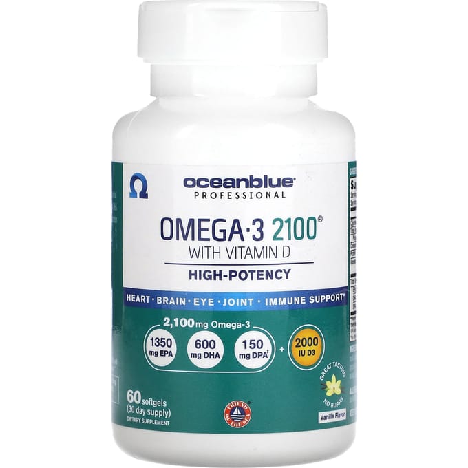 Professioneel, Omega 3 2100, met Vitamine D, Hoge Potentie, Vanille, 60 Softgels