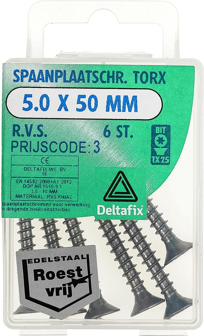 Deltafix spaanplaatschroef platkop / torx r.v.s. a2 5.0 x 50 mm 6 st.