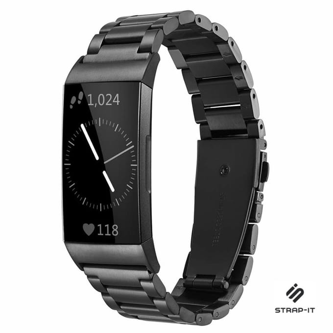 Strap-it Stalen schakel bandje - geschikt voor Fitbit Charge 3 / Charge 4 (zwart)