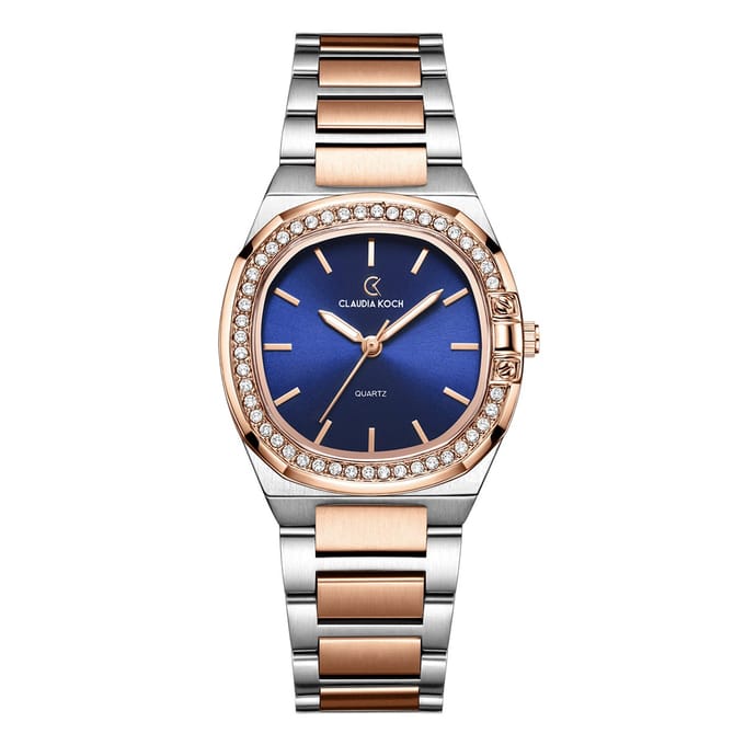 CK Aurora – Two-Tone Rosegold with Blue Curved Square Dial & Stone Accents - ClaudiaKoch CK 4321