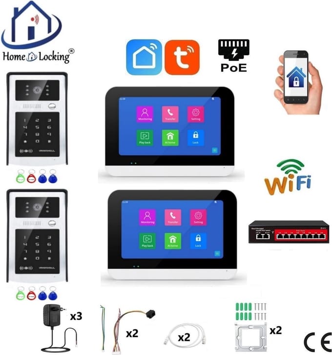 Smart WIFI deur intercom/videofoon touchscreen met bediening via Smart Life APP werkt met Alexa en Google spraaksturing. T-2303-2-2