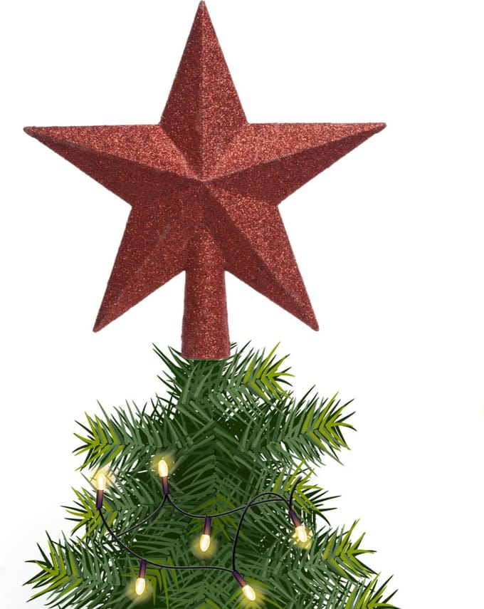 Decoris kerstboom piek - 1x - ster vorm - rood - glitter - 19 cm - kunststof - kerstpiek