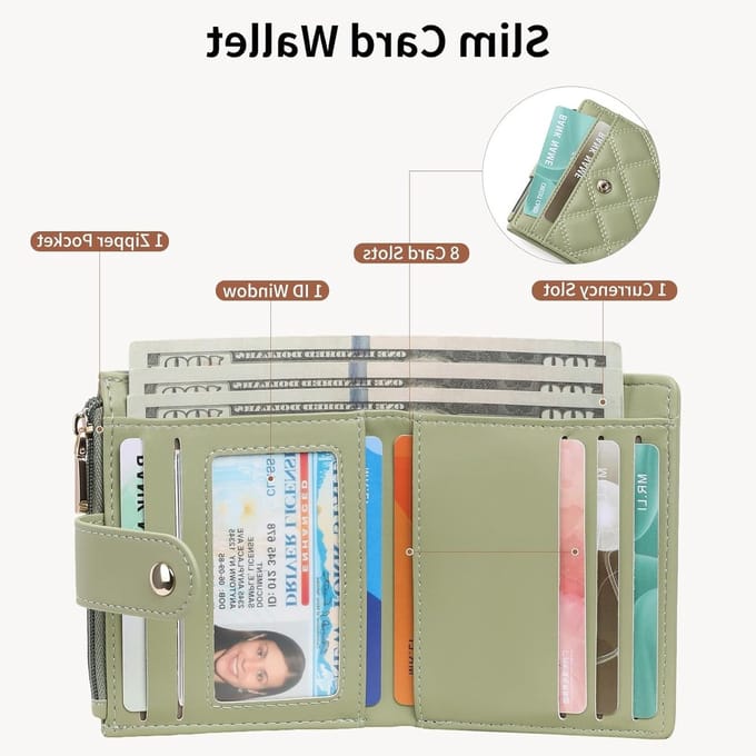 Bifold Dames Leren Portemonnee, Compacte Portemonnee met Meerdere Compartimenten, Groen en Modern Design