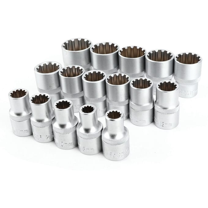 16 stuks 12in DR. SAEMETRIC Spline Dopsleutelset Spiegelnikkel Afwerking 12?Hoek Universeel gray