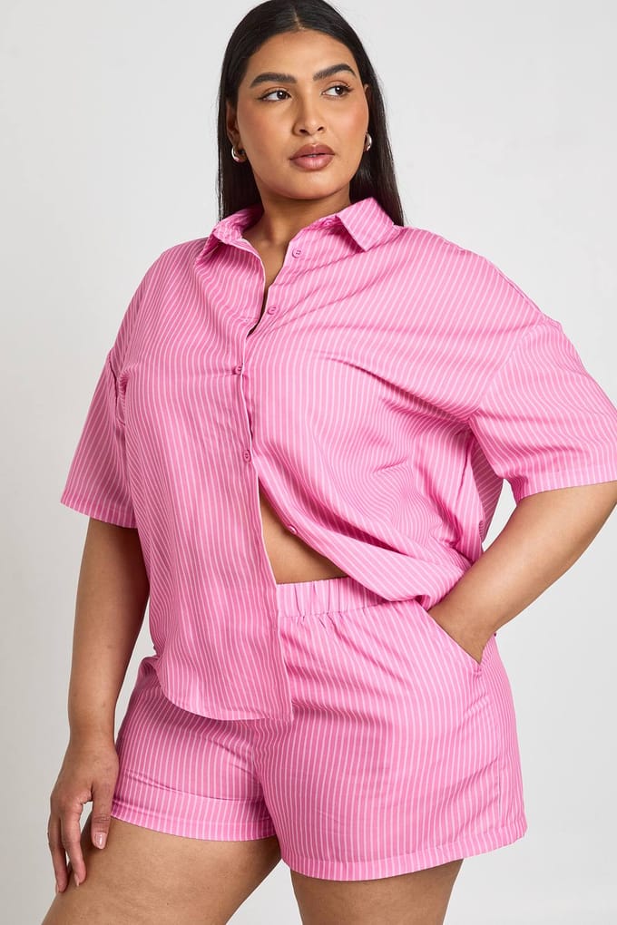 boohoo Dames Plus Gestreepte Short Met Elastische Tailleband | Roze | Maat: 44