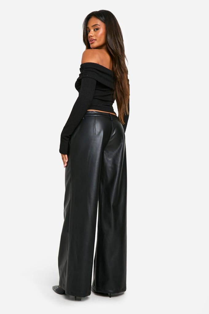 boohoo Dames Low Rise PU Wide Leg Trouser | Zwart | Maat: 44