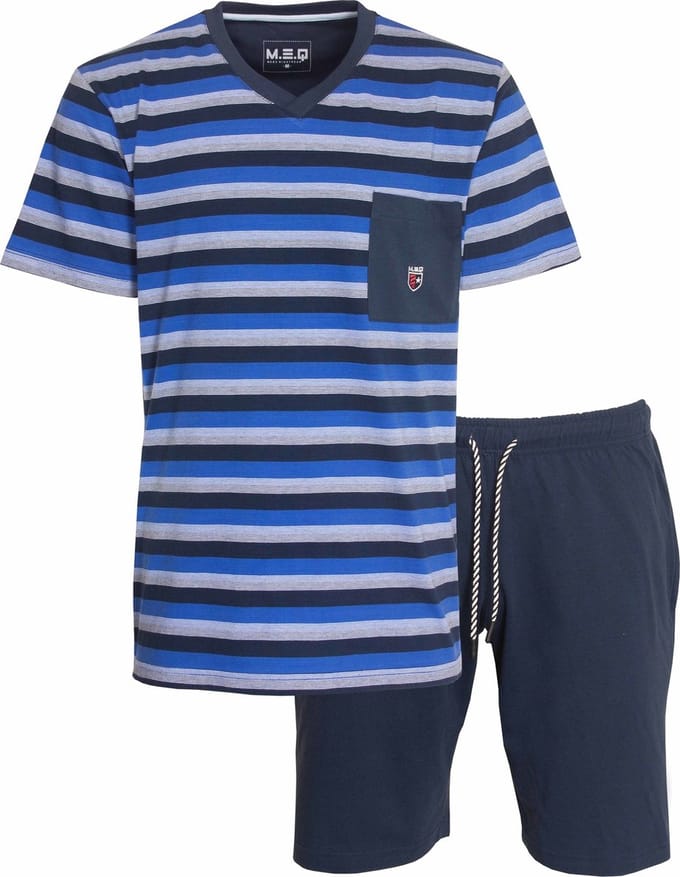 MEQ Heren Shortama - Pyjama Set - V Hals - Borstzakje - Blauw - Maat M