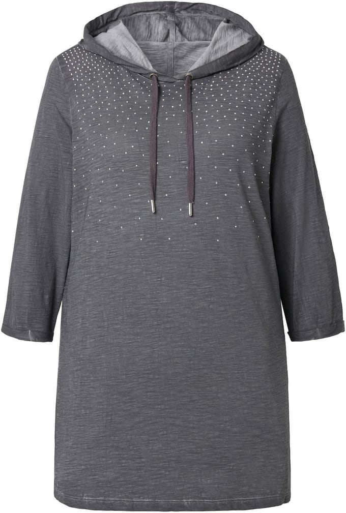 MIAMODA - Dames - T-shirt A-lijn cold dyed strass-verloop capuchon - Antraciet - Maat 46