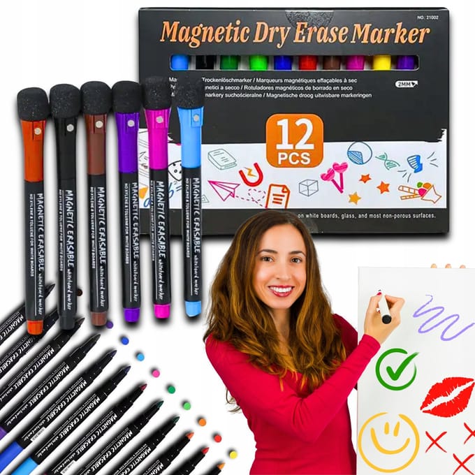 12 Magnetische Whiteboard Markers met Ingebouwde Gum - Dun & Kleurrijk