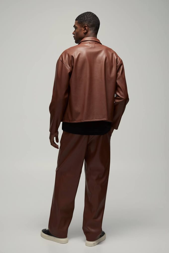 Relaxed Fit Elasticated Waist Embossed PU Trouser | Chocolate | Size Small