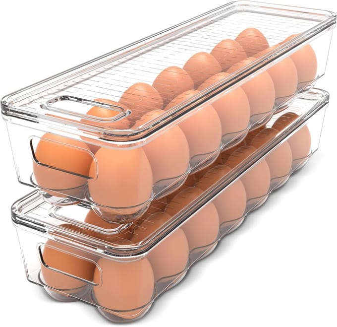 Famanu - Eierhouder set van 2 – met deksel en handvat – 14 eieren per bak – helder plastic
