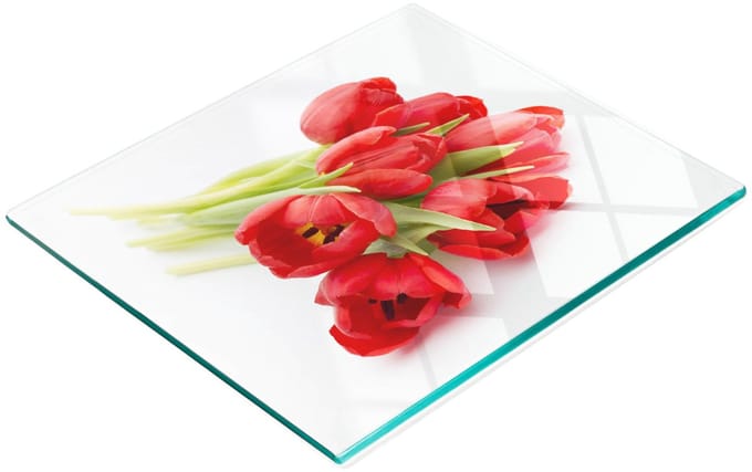 Glazen snijplank met afbeelding van rode tulpen, 60x52 cm