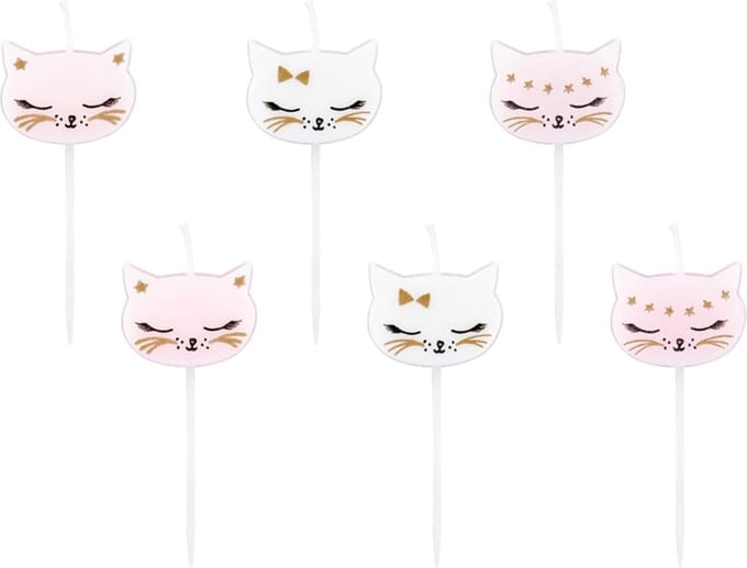 PARTYDECO - 6 witte en roze katten verjaardagskaarsjes