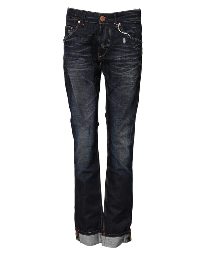 Acht Blauwe Gewassen Katoenen Midden Taille Wijde Denim Jeans