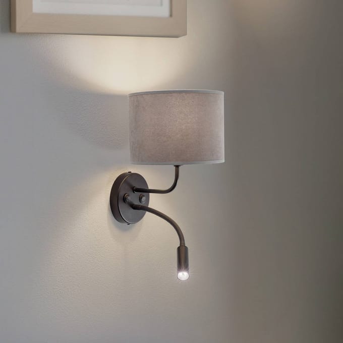 Duolla Wandlamp Roller, fluweel grijs, zwart, met leeslampje