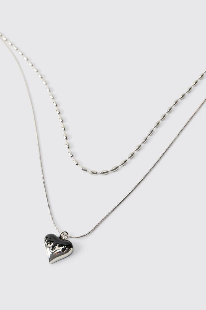 Double-Layer Silver Necklace with Black Molten Heart