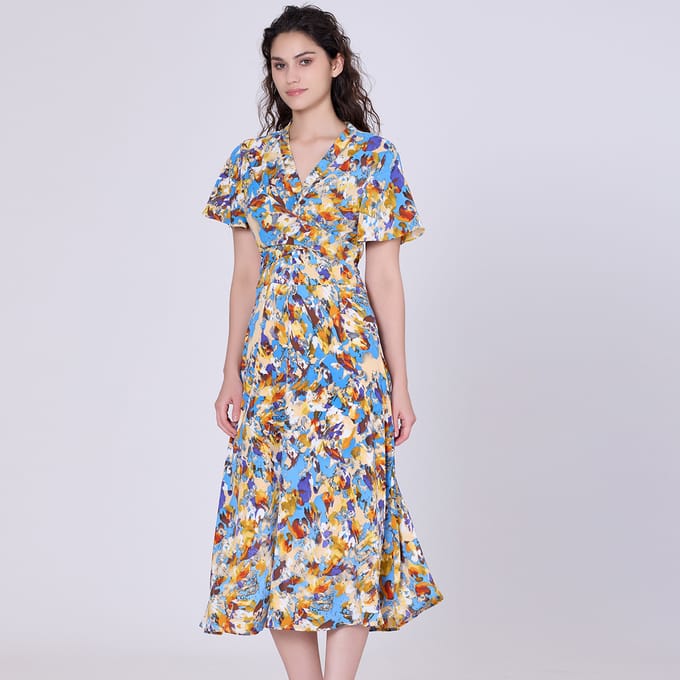 Wikkel midi abstracte print midi -jurk