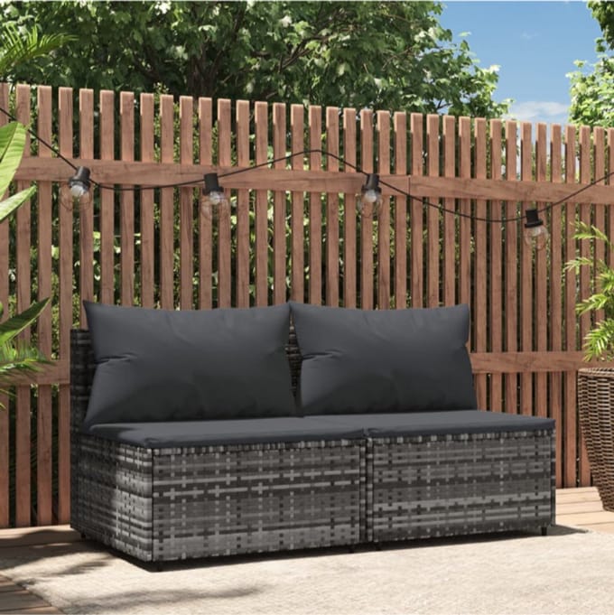 Tuinmiddenbank met kussens 2 st poly rattan grijs