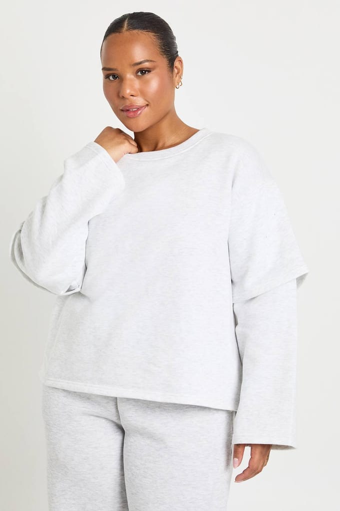 boohoo Dames Plus 2-in-1 Sweatshirt met lange mouwen T-shirt | Grey Marl | Maat: 20
