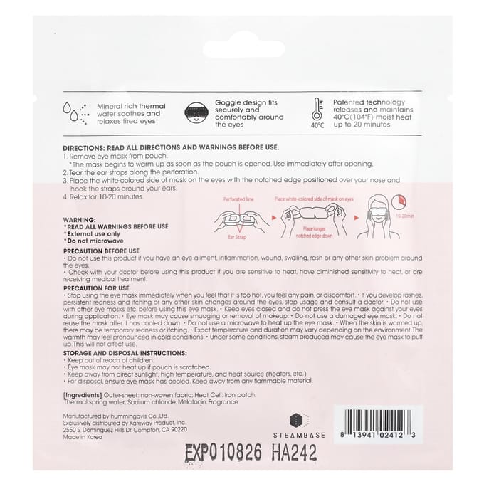 Steambase, steam eye mask, rose garden, 1 mask white