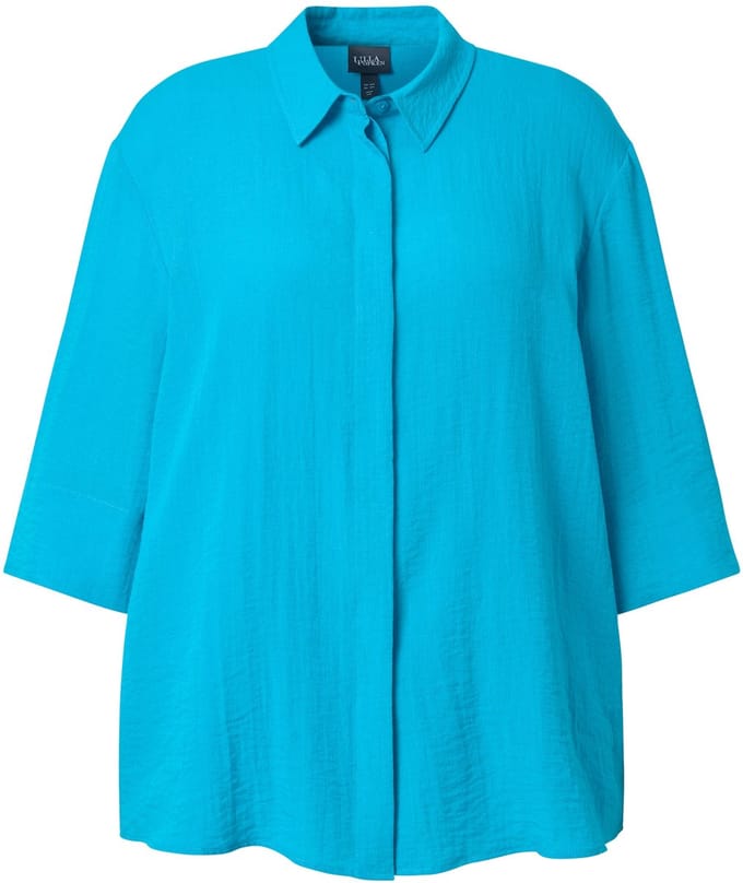 Ulla Popken - Dames - Overhemdblouse achterplooi overhemdkraag 3/4-mouwen - Aqua turquoise - Maat 62+