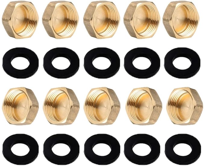 BRENZOOS- Messing Dop Set van 10 Stuks - 3/4 Inch Binnendraad - Blinde Stop - Afsluitdop - Eindkap - Inclusief Rubberen Afdichtingen