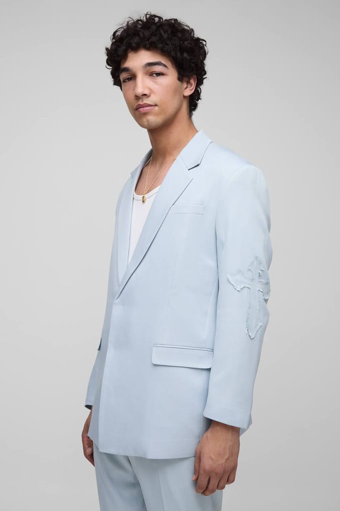 Rechte pasvorm cross appliqué pakblazer | Light Blue | Size Large